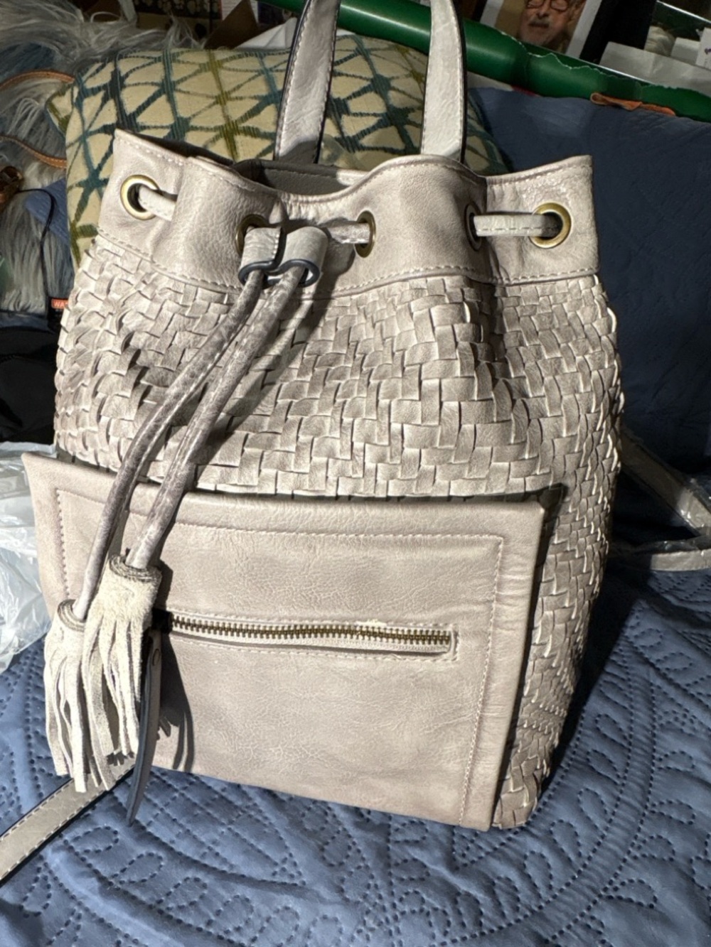 Moda Luxe Gray Woven Leather Backpack Purse Drawstring Tassel Boho Distressed
